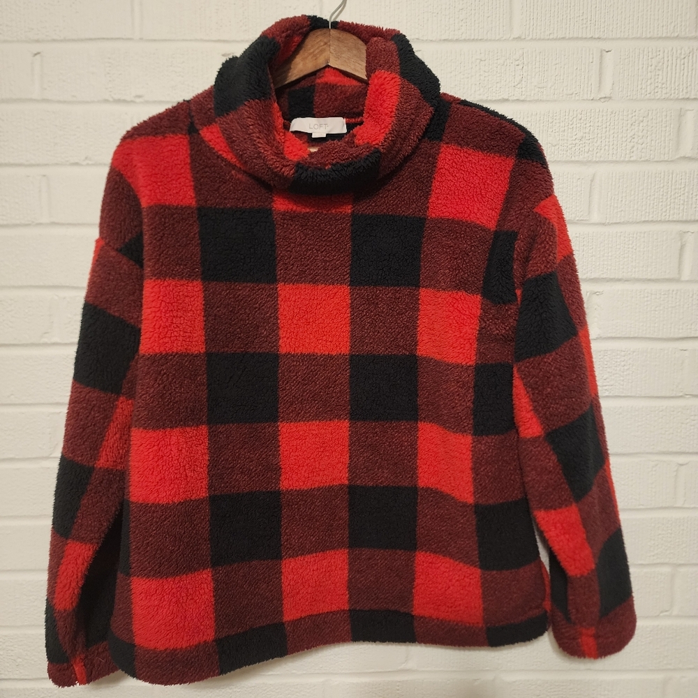 LOFT  Buffalo Plaid Mock Neck Sherpa Top Size S